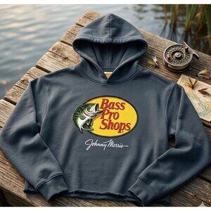 Bass Pro Shops Ladies Cropped Hoodie Size S Black With Logo Design Johnny Morris